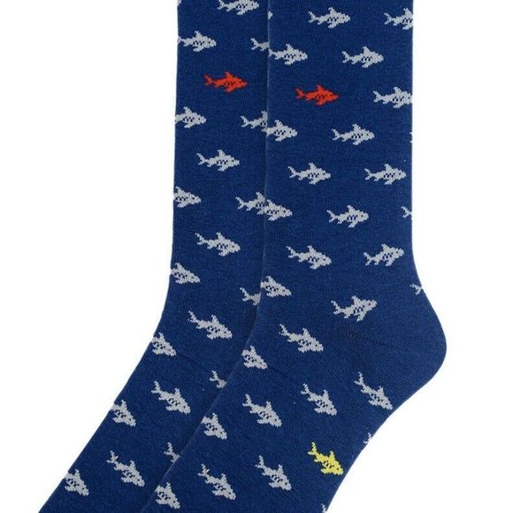 Mens Shark Fish Fishing Socks Gift for Him Crew Dress Socks Blue Ocen - Picture 2 of 4